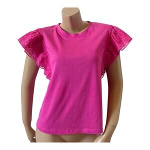 Banana Republic NWT Hot Pink Eyelet Flutter Sleeve Top Womens XS Crew Neck Tee